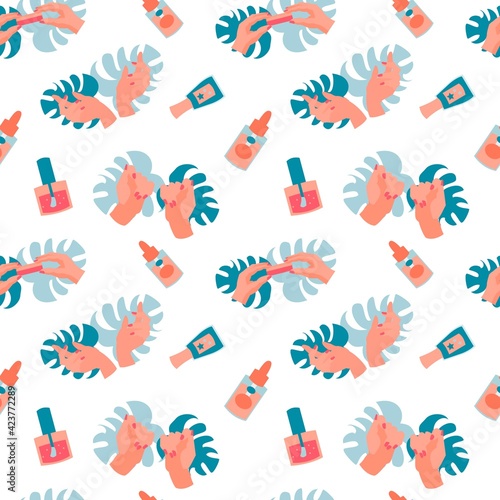 Seamless pattern with manicure tools hands and monstera leaves Flat vector illustration