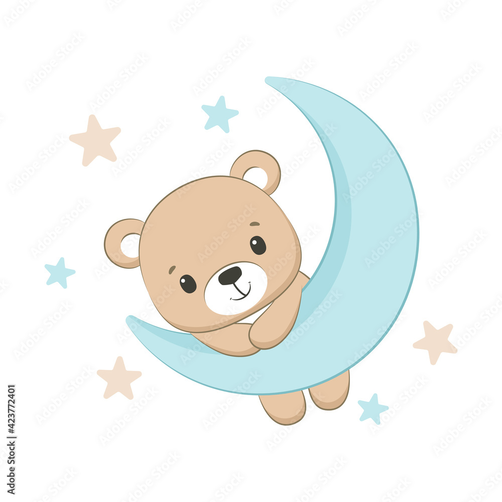 Cute baby bear with moon and stars. Vector illustration. Cute baby bear with moon and stars. Vector illustration.