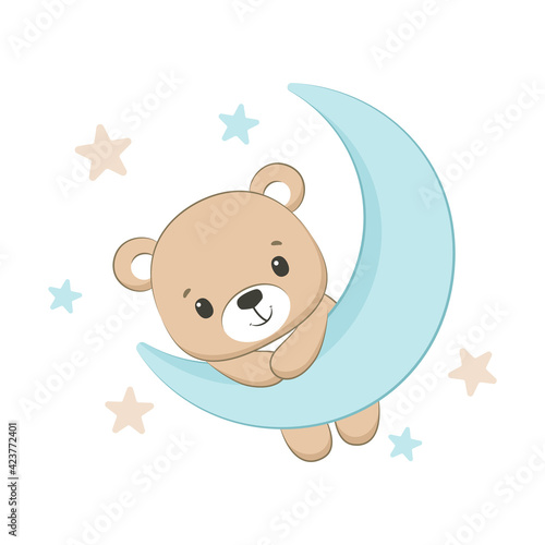 Cute baby bear with moon and stars. Vector illustration.