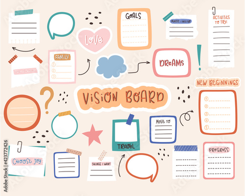 Set of template for vision boart with sheets, quotes and space for goals, dreams list.