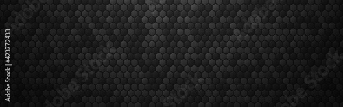 Hexagon abstract background. Black metal texture with 3d cells effect. Dark industrial banner with shadow. Wide futuristic carbon backdrop. Vector illustration