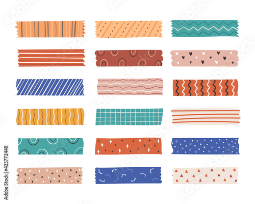 Set of colorful patterned washi tape strips, scotch, color patterned adhesive tape. Vector illustration.