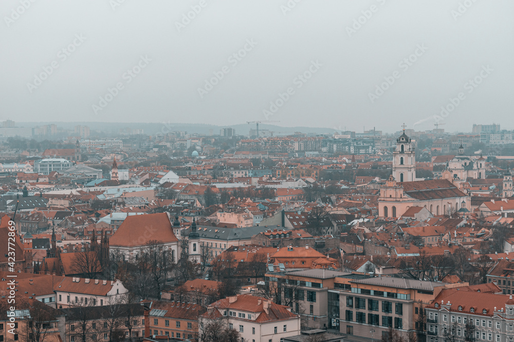 Panoramic view of the Vilnius old town during cloudy and gloomy winter day