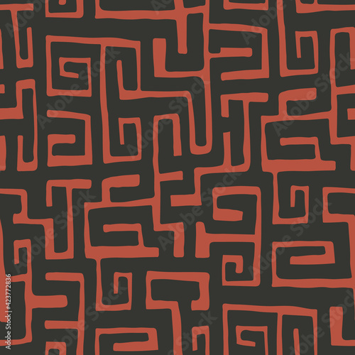 African hand drawn ethnic style vector seamless pattern. Kuba geometric textile swatch. Trendy boho tribal tile.