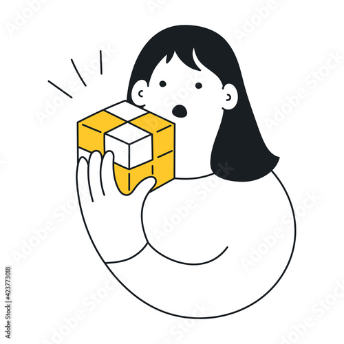 Decision-making process, logical thinking, and solving logical tasks. Cute cartoon woman holding a cube or a puzzle. Flat thin line vector illustration on white.