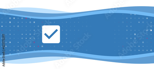 Blue wavy banner with a white checkbox symbol on the left. On the background there are small white shapes, some are highlighted in red. There is an empty space for text on the right side