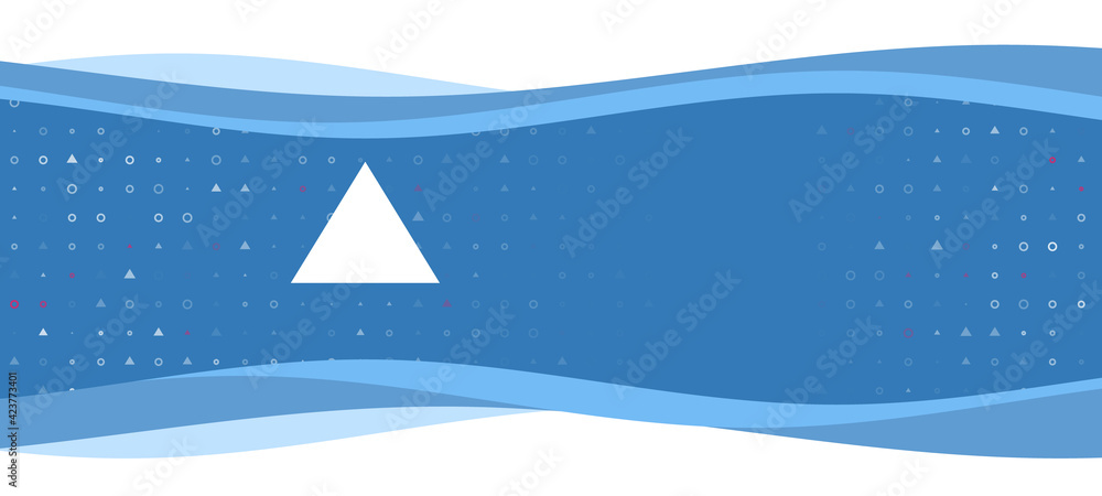 Blue wavy banner with a white triangle symbol on the left. On the background there are small white shapes, some are highlighted in red. There is an empty space for text on the right side