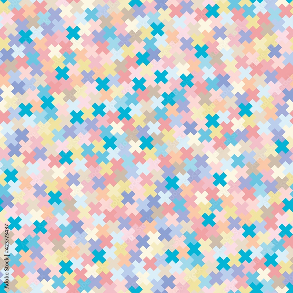 Seamless pattern of multi-colored pixel crosses. Stock illustration for web, print, textile, wrapping paper, scrapbooking, background and wallpaper 