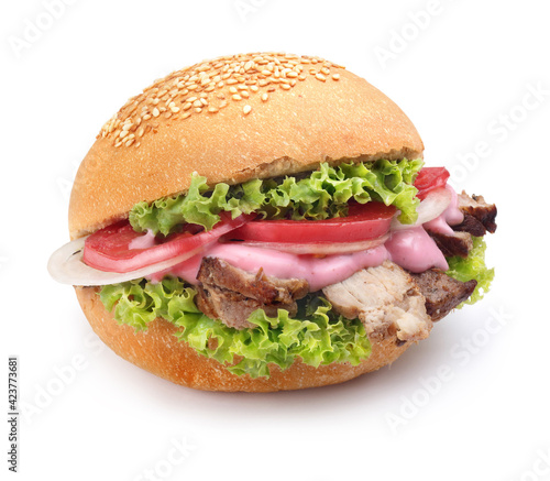 hamburger with meat and salad on a white background