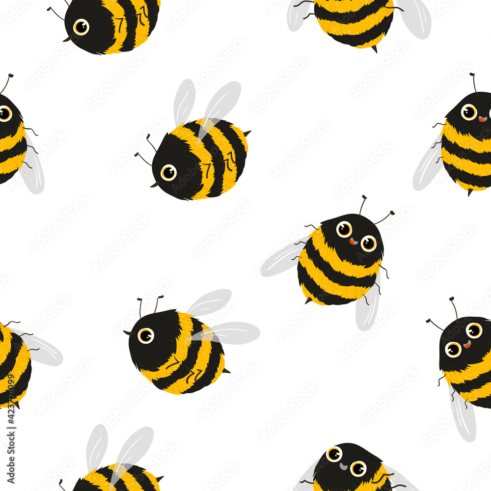 Bee character seamless pattern, vector bee pattern