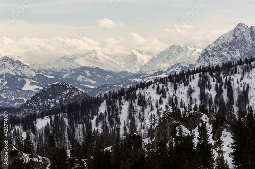 Panoramic mountain view from Kampenwand  Bavaria  Germany in wintertime