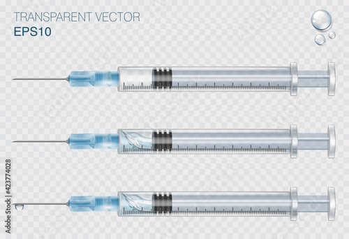 Transparent vector medical syringe set. Illustration of medical syringes with needles and vaccine 