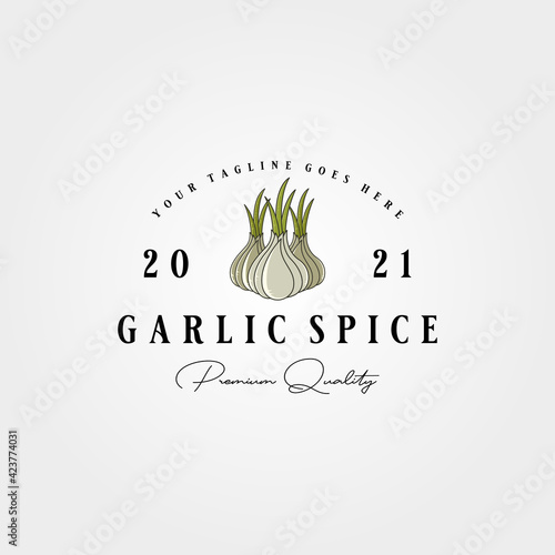 vintage garlic label logo vector illustration design, garlic spice template design