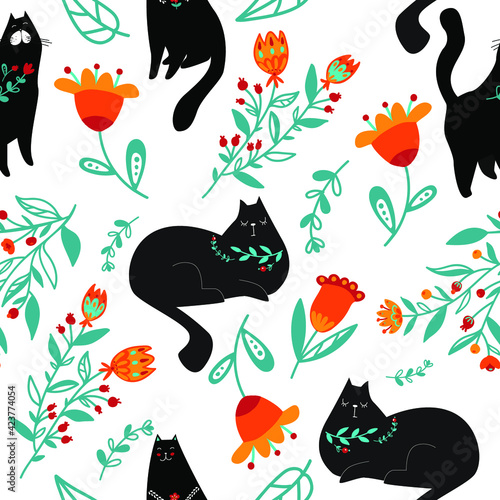 Ethnic pattern with hand drawn cats. Vector illustration for surface textile. Black animal pet and orange flower. Design wrapping paper, wallpaper, textile. (ID: 423774054)
