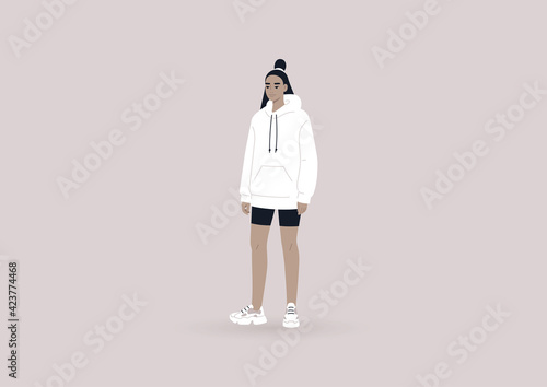 A young female Asian character wearing a hoodie and black cycling shorts, a streetwear concept