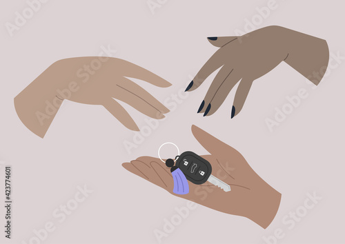 A car sharing service, a set of hands giving and taking a remote control key