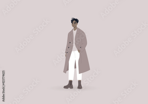 Street style, a young elegant male Black character wearing an oversize coat and massive boots, millennial fashion