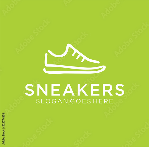 Line art sneaker shoe Logo Design on green background