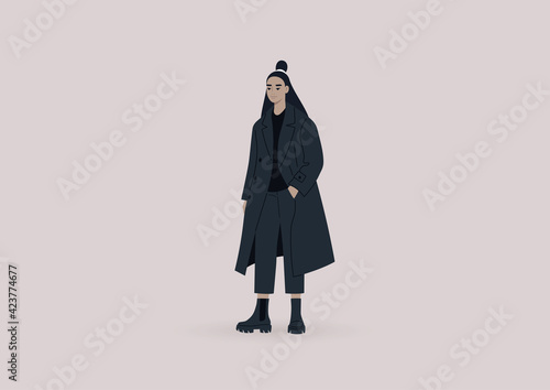 Street style, a young elegant female Asian character wearing an oversize coat and massive boots, millennial fashion