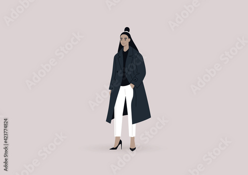 Street style, a young elegant female Asian character wearing an oversize coat and high heels, millennial fashion