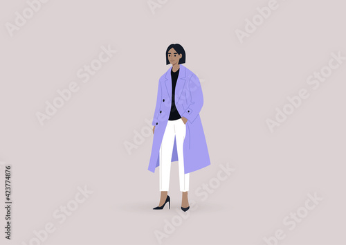Street style, a young female character wearing an oversize lavender coat and high heels, millennial fashion