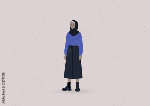 A young female Arab character wearing a hijab, a midi skirt, and massive leather boots, a millennial fashion concept