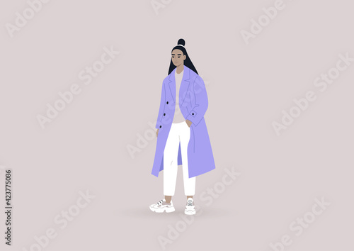 A young female Asian character wearing an oversize trench coat and big sneakers, a modern street style concept