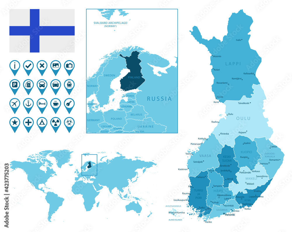 Finland detailed administrative blue map with country flag and location on the world map. Vector illustration