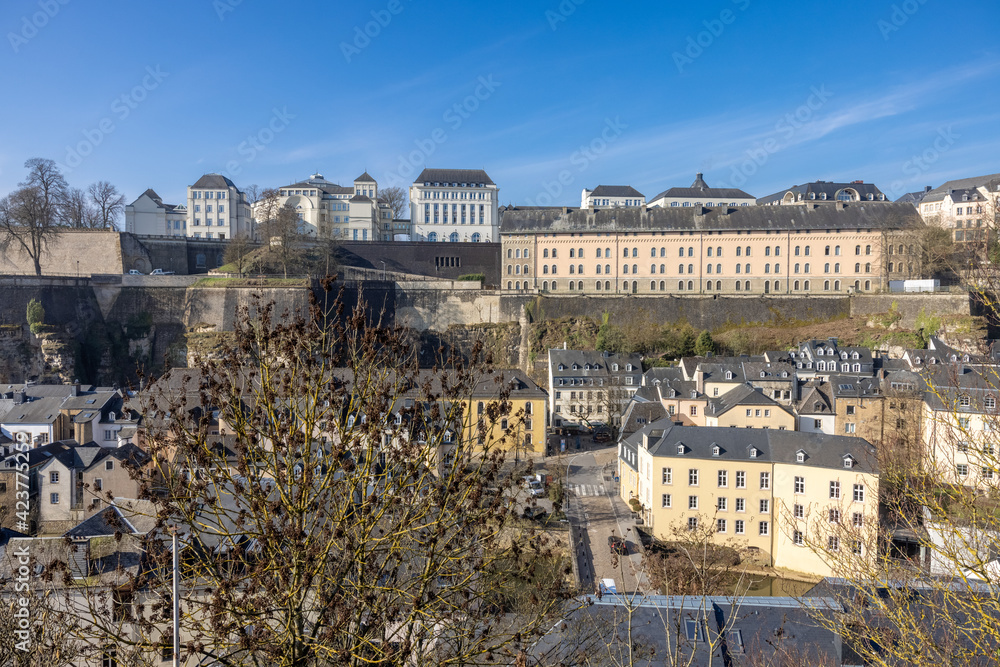 View over the valley of the river Alzette to the old town of Luxembourg