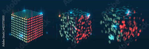 Abstract stream information with squares array and binary code. Filtering machine algorithms. Cube Big data visualization. Information analytics concept. Sorting data. Vector technology background.