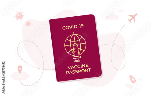 Vaccine passport. Covid-19 immunity document. Vaccination certificate. New normal.  Sars 2019-nCoV pandemic. Antigen test result to travel around the world again. Unlock tourizm and business. Vector.