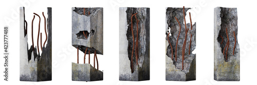 Canvas Print set of damaged concrete pillars isolated on white background