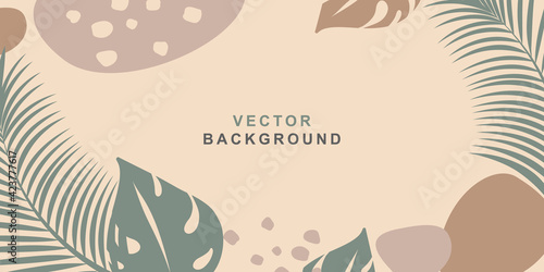 Vector horizontal template in simple trendy flat style with place for text. Background, frame with tropical leaves for greeting cards, posters, banners and wallpapers from social media stories.