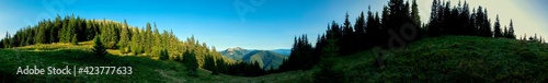 Panorama of a tourist tent on a green meadow on a background of forests and peaks