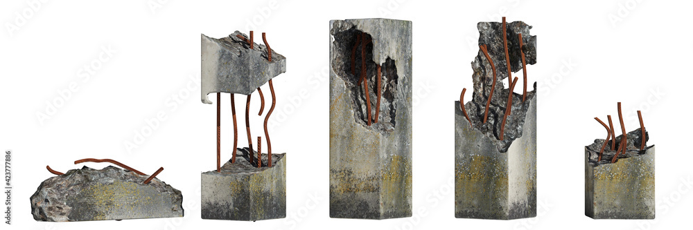 set of damaged concrete pillars isolated on white background