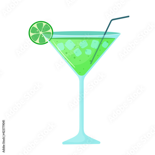 Vector beach summer cocktail. Alcoholic drink with a slice of lime. Illustration isolated on white background
