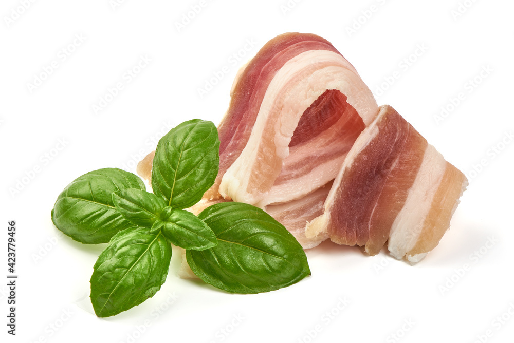 Smoked pork brisket, bacon slices, isolated on white background Smoked pork brisket, bacon slices, isolated on white background