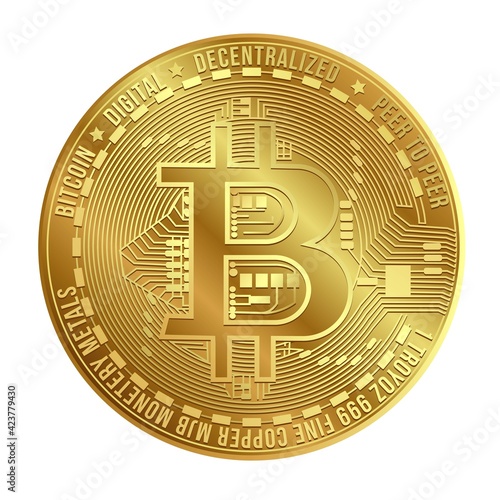 Gold virtual bitcoin coin isolated on white background. Popular cryptocurrency. Bitcoin digital money concept.