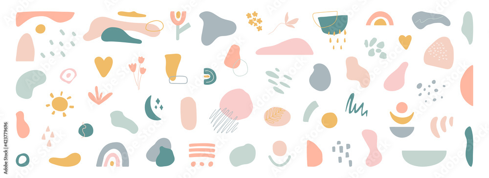 Organic shapes set on long banner. Hand draw abstract design elements in pastel colors. Minimal stylish cover template. Art form for social media stories, branding, banner, decor. Vector illustration