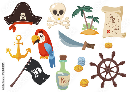 Photos cute pirate set, objects collection, vector illustration, flat design