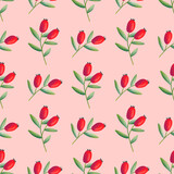 Red Rosehips with flowers and berries seamless pattern for tea. Black and white Graphic drawing, engraving style. hand drawn illustration on pink background