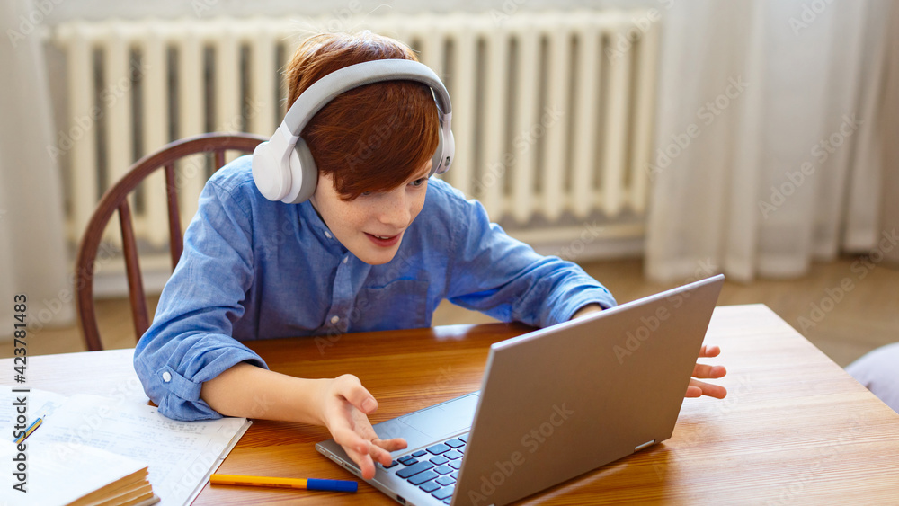 Red-haired boy during an online video call with friends. He actively gestures during communication. Red-haired boy during an online video call with friends. He actively gestures during communication.