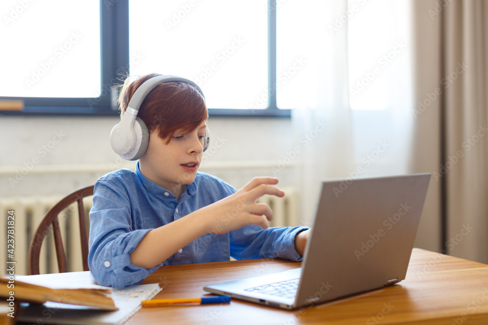 Schoolboy makes a report online on his topic. He actively gestures to explain the learning task.
