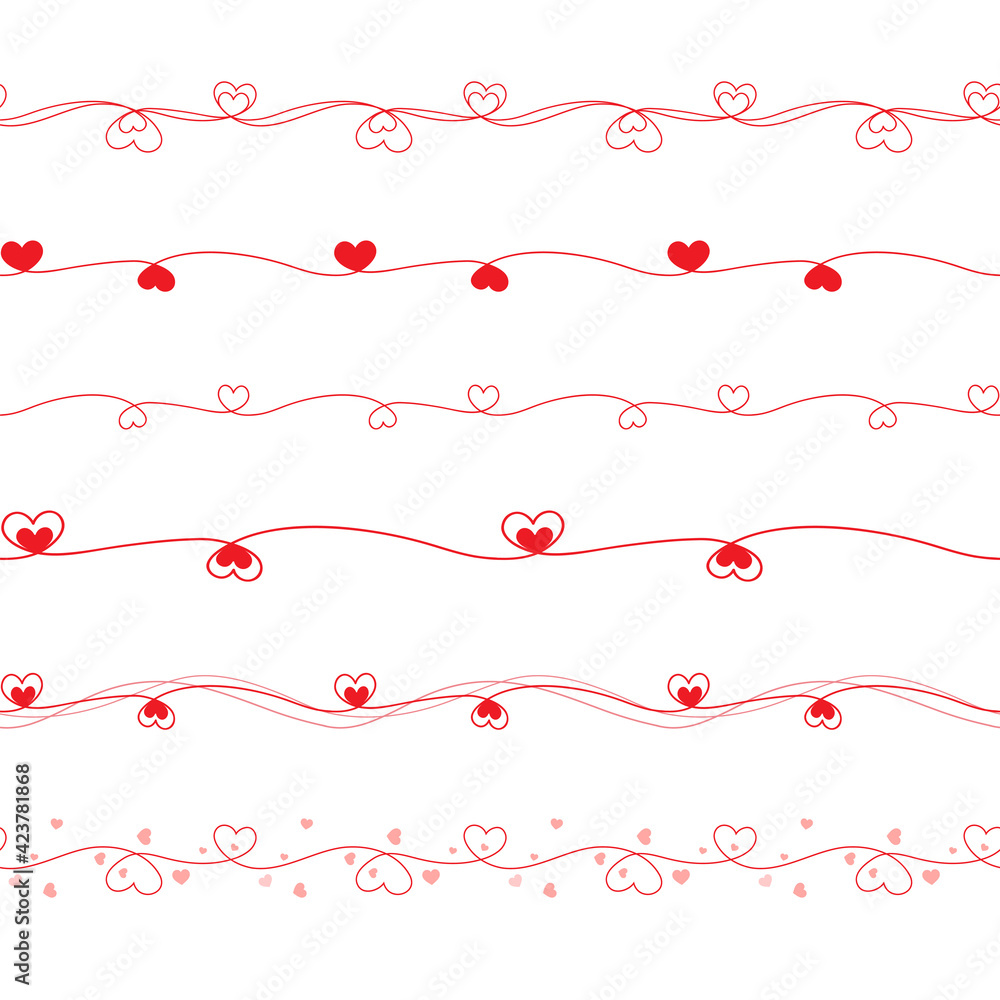Vector borders set with wavy lines and red hearts isolated on white background. Can be used for valentine's day, wedding, or birthday greetings.