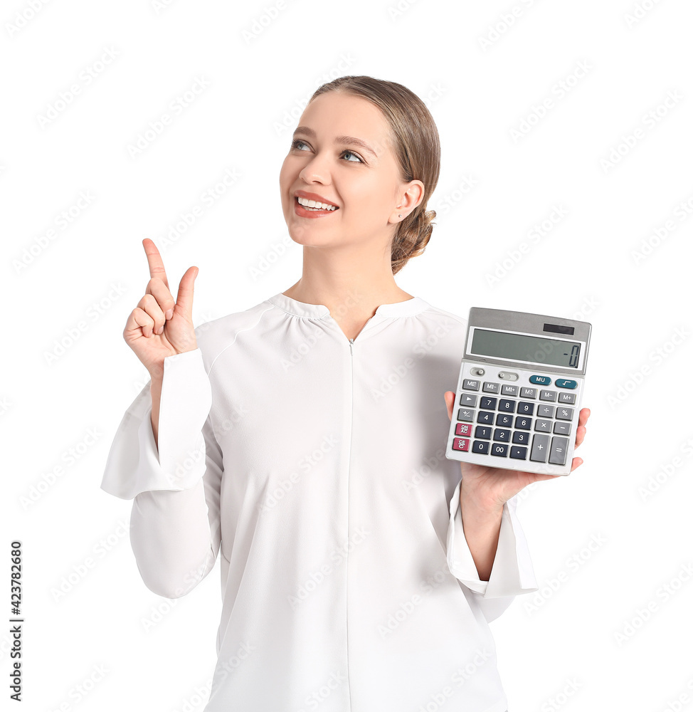 Young woman with calculator showing something on white background Young woman with calculator showing something on white background