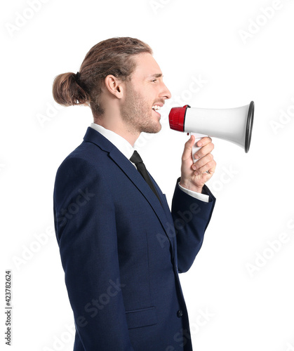 Young businessman with mega...