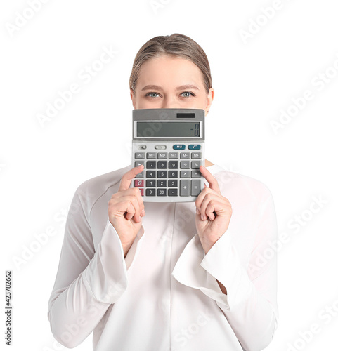 Young woman with calculator...