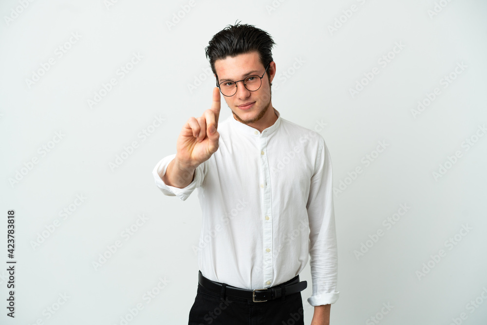 Russian Business man isolated on white background showing and lifting a finger Russian Business man isolated on white background showing and lifting a finger