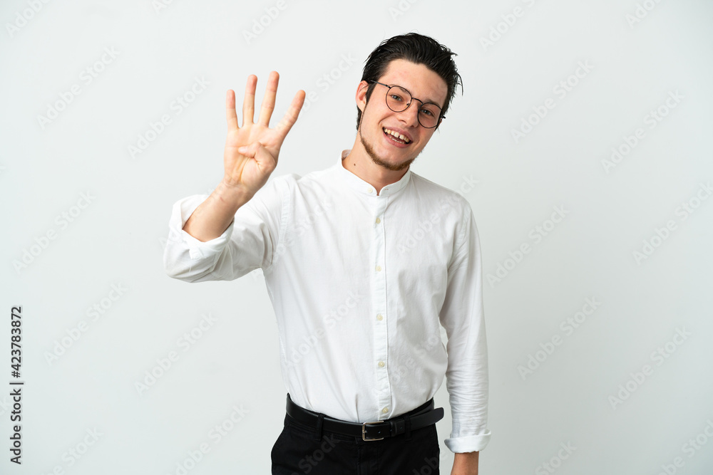 Russian Business man isolated on white background happy and counting four with fingers Russian Business man isolated on white background happy and counting four with fingers
