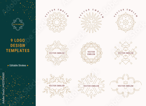 Geometric vector icons, floral modern logo concept design templates collection. Trendy linear style clip art illustrations set. Minimal geometric thin line emblems and badges with editable strokes.